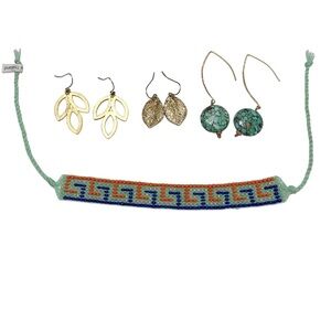 Leaf Dangle Earrings, Faux Turquoise & Beaded Bracelet Bundle